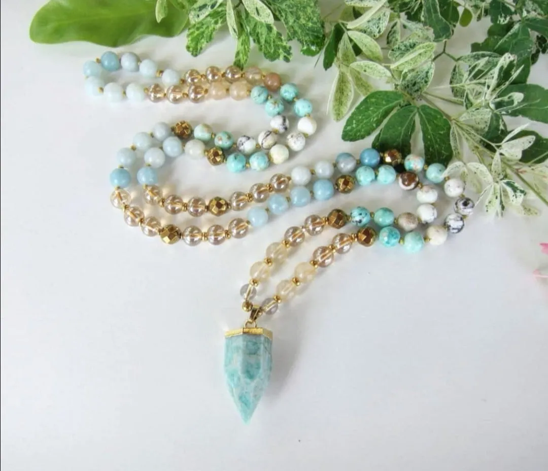 Bohemia Opal, Peruvian Turquoise Mala Necklace with Russian Amazonite Point Pendant