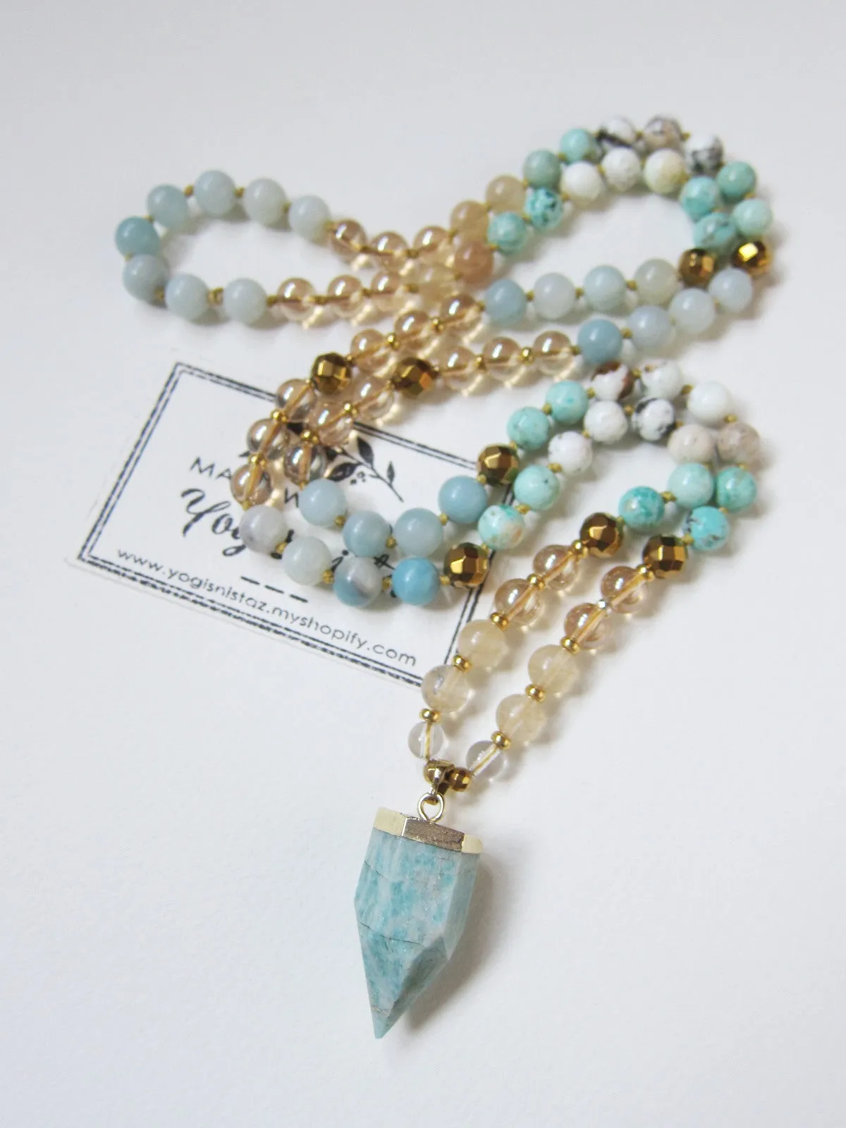 Bohemia Opal, Peruvian Turquoise Mala Necklace with Russian Amazonite Point Pendant