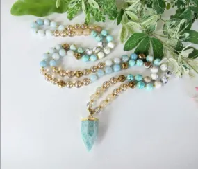 Bohemia Opal, Peruvian Turquoise Mala Necklace with Russian Amazonite Point Pendant