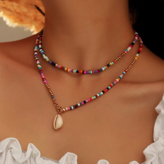 Bohemian Colorful Seed Bead Shell Choker Necklace Statement Short Collar Clavicle Chain Necklace for Women Female Boho Jewelry