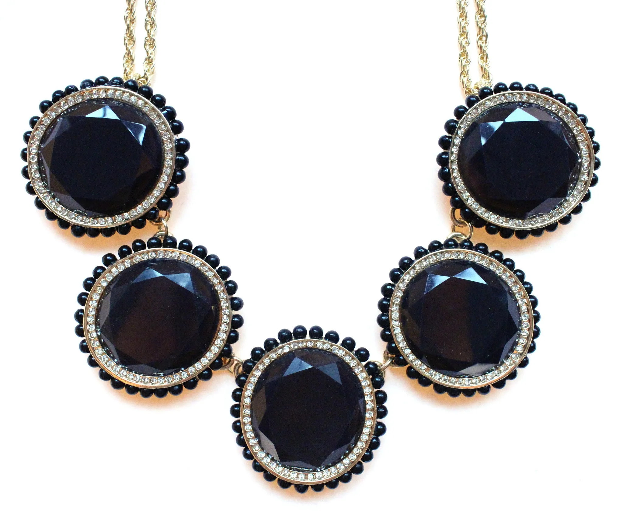 Bold Oval Gem Statement Necklace- Black