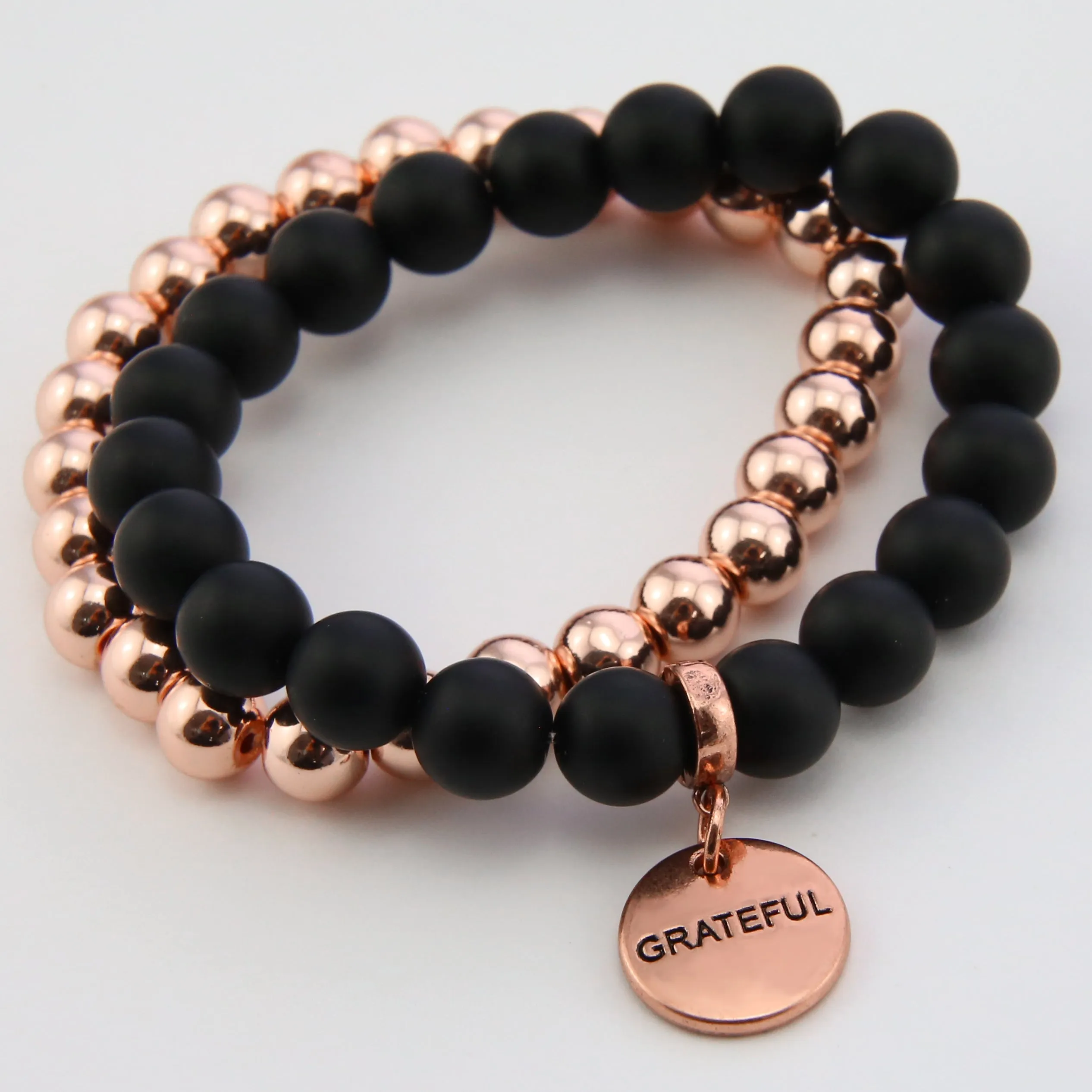 Bracelet Duo! Rose Gold & Matt Black Onyx bead bracelet stacker set - GRATEFUL (11541)