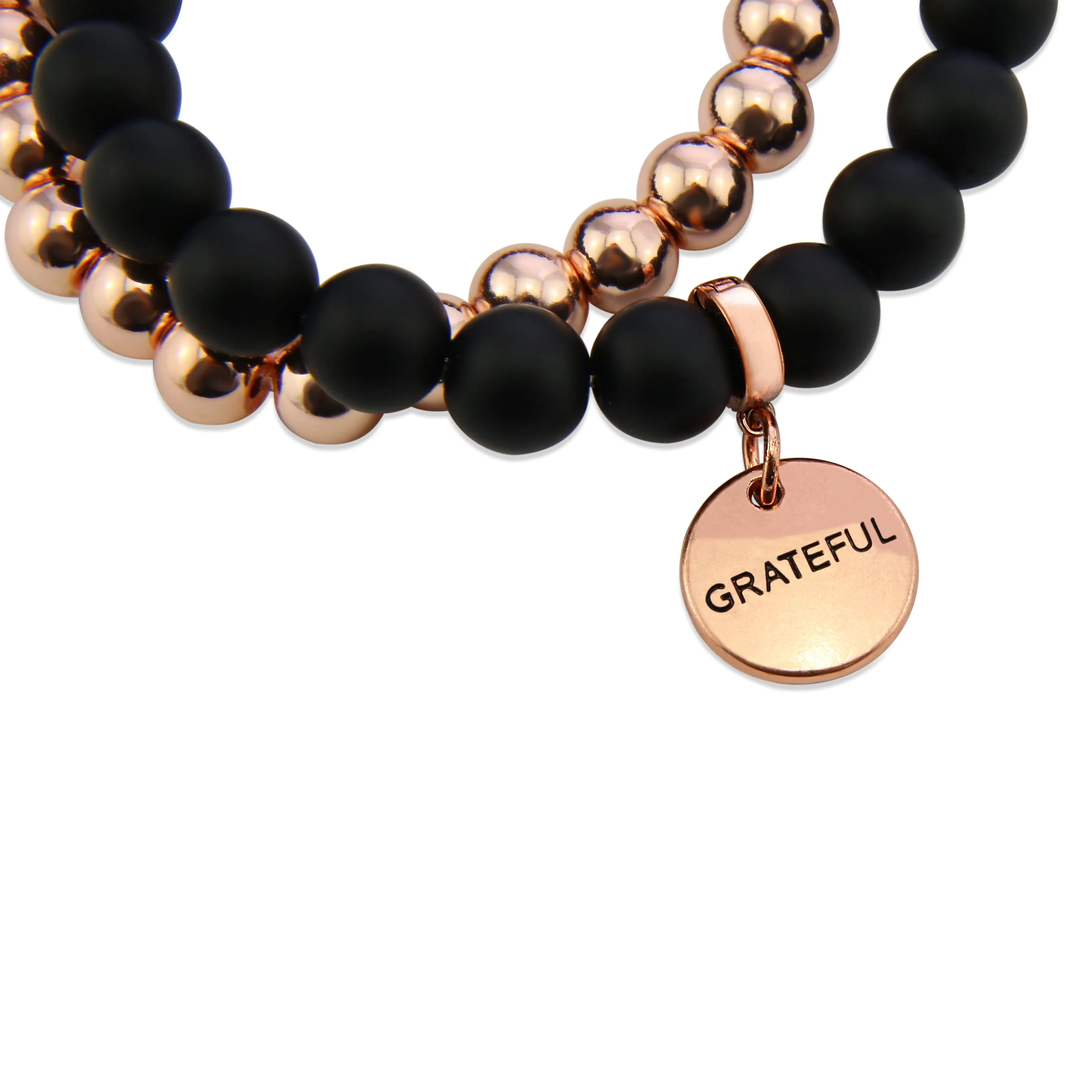 Bracelet Duo! Rose Gold & Matt Black Onyx bead bracelet stacker set - GRATEFUL (11541)