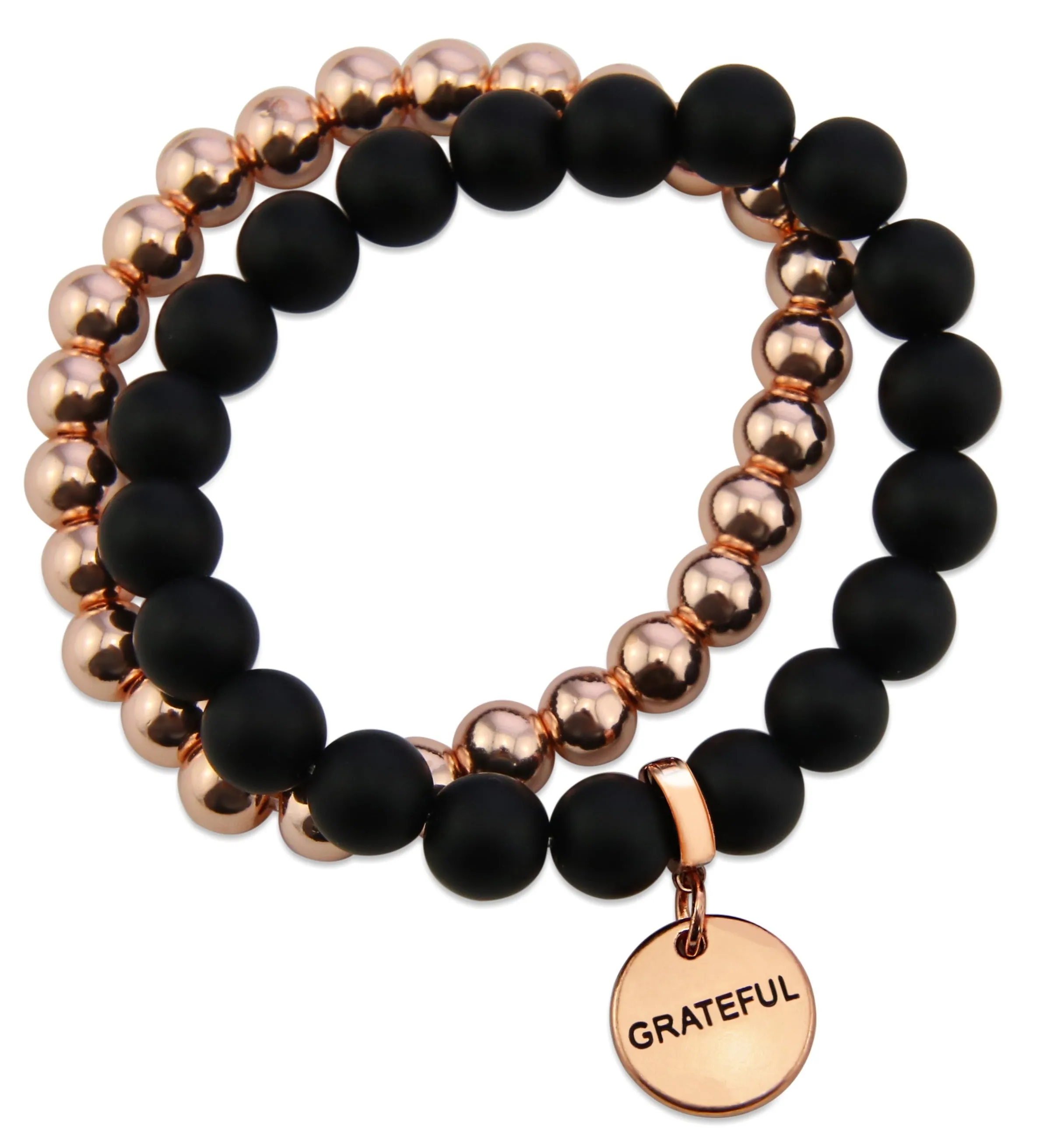 Bracelet Duo! Rose Gold & Matt Black Onyx bead bracelet stacker set - GRATEFUL (11541)