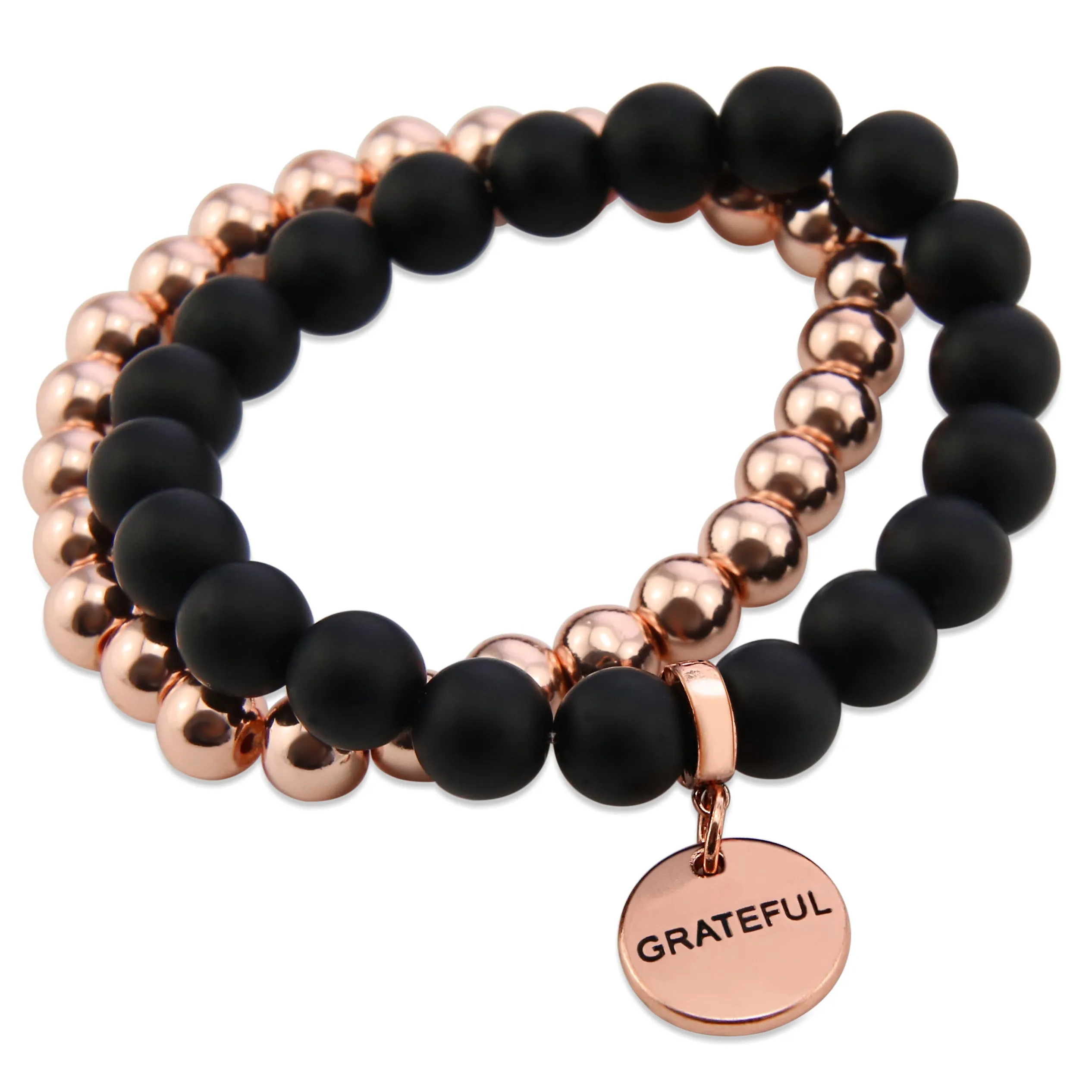 Bracelet Duo! Rose Gold & Matt Black Onyx bead bracelet stacker set - GRATEFUL (11541)