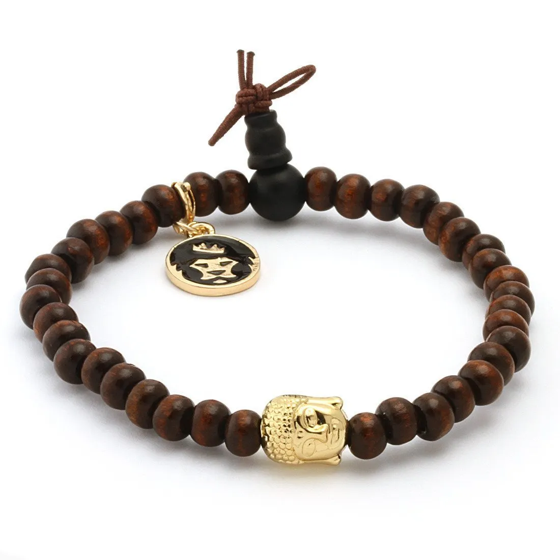 Brown Wood Gold Buddha Beaded Meditation Bracelet