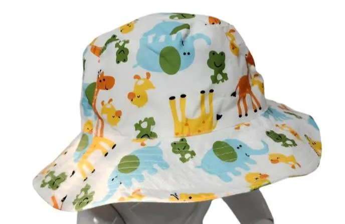 Bucket/Sun Hat With Chin Strap Wide Brim Children's 2-7yr White Animals scbhwa