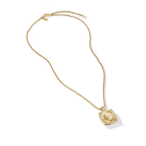 Chatelaine Pavé Bezel Pendant Necklace in 18K Yellow Gold with Champagne Citrine and Diamonds, 14mm