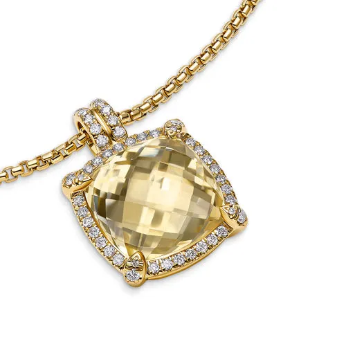 Chatelaine Pavé Bezel Pendant Necklace in 18K Yellow Gold with Champagne Citrine and Diamonds, 14mm