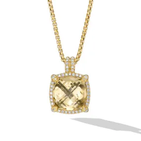 Chatelaine Pavé Bezel Pendant Necklace in 18K Yellow Gold with Champagne Citrine and Diamonds, 14mm