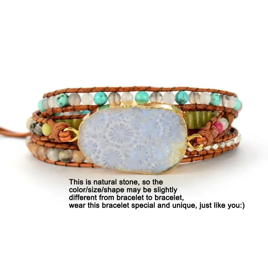 Chrysanthemum Fossil Coral Stone Multi Wrap Bracelet