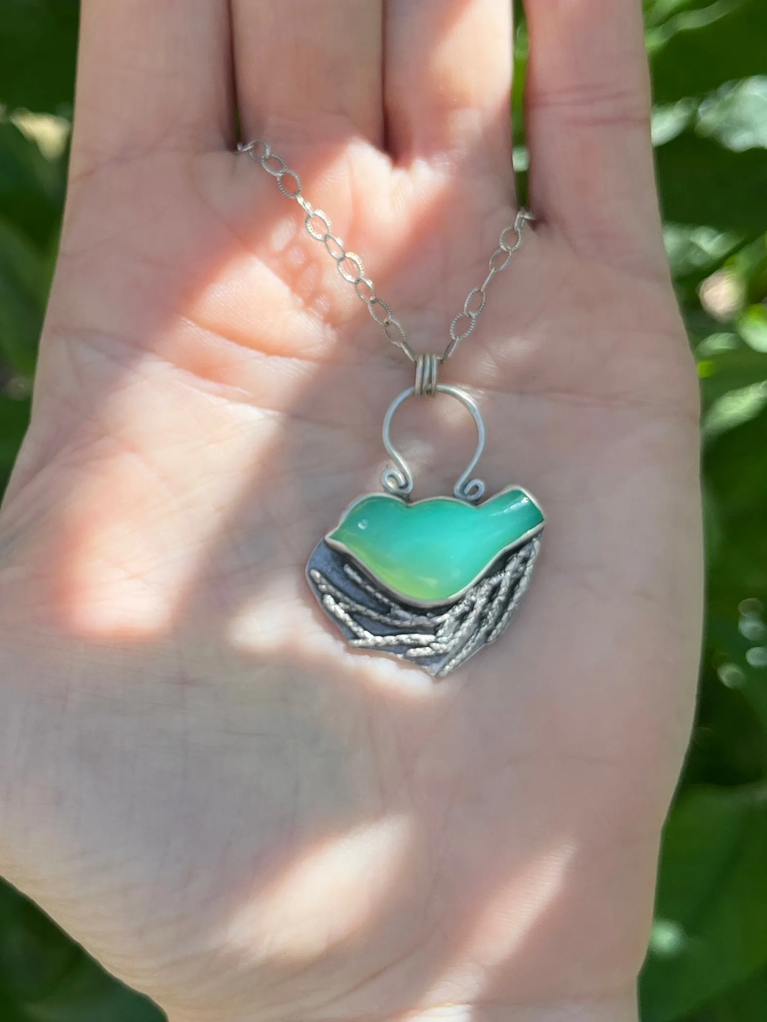 Chrysoprase Bird in Nest Necklace