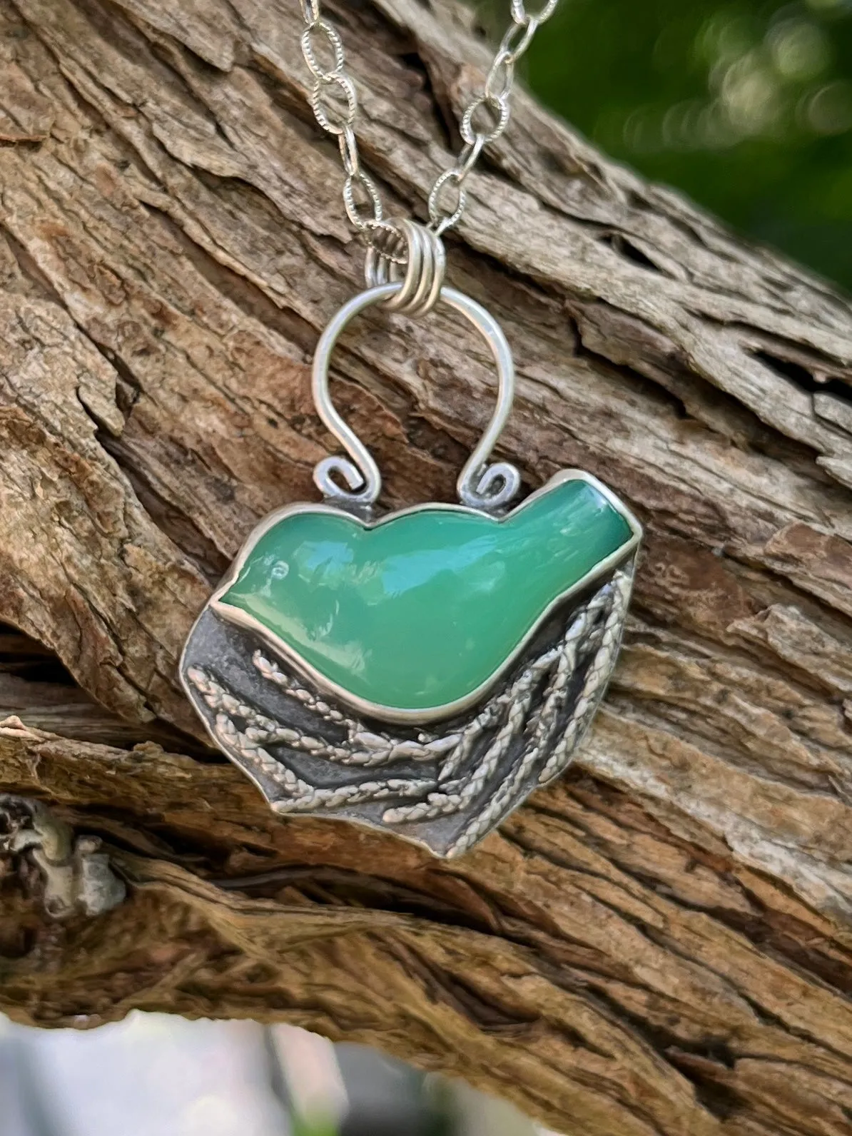 Chrysoprase Bird in Nest Necklace