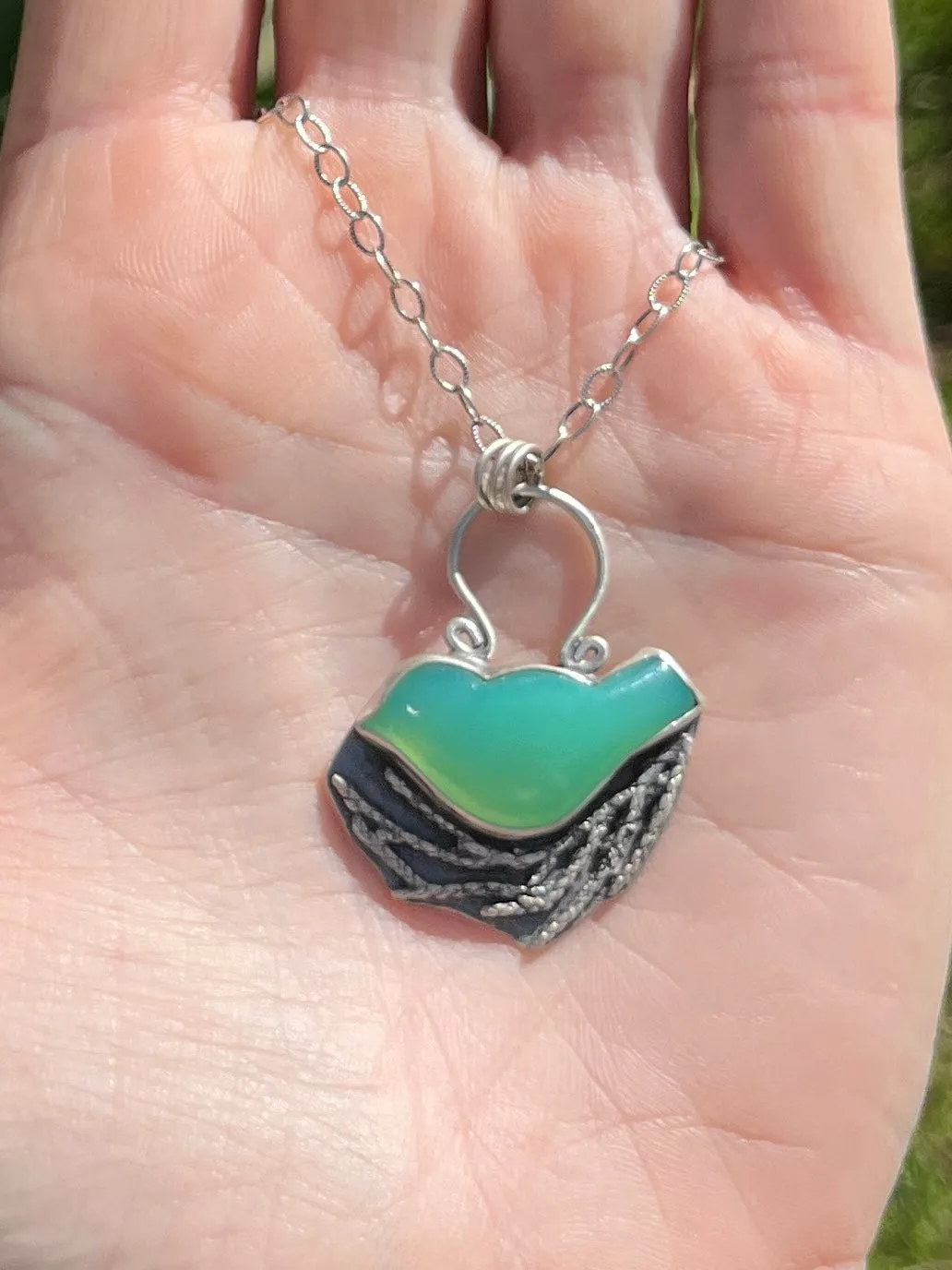 Chrysoprase Bird in Nest Necklace