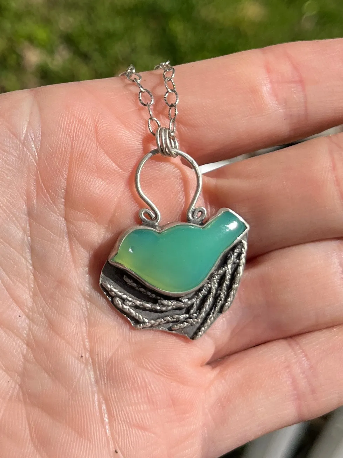 Chrysoprase Bird in Nest Necklace