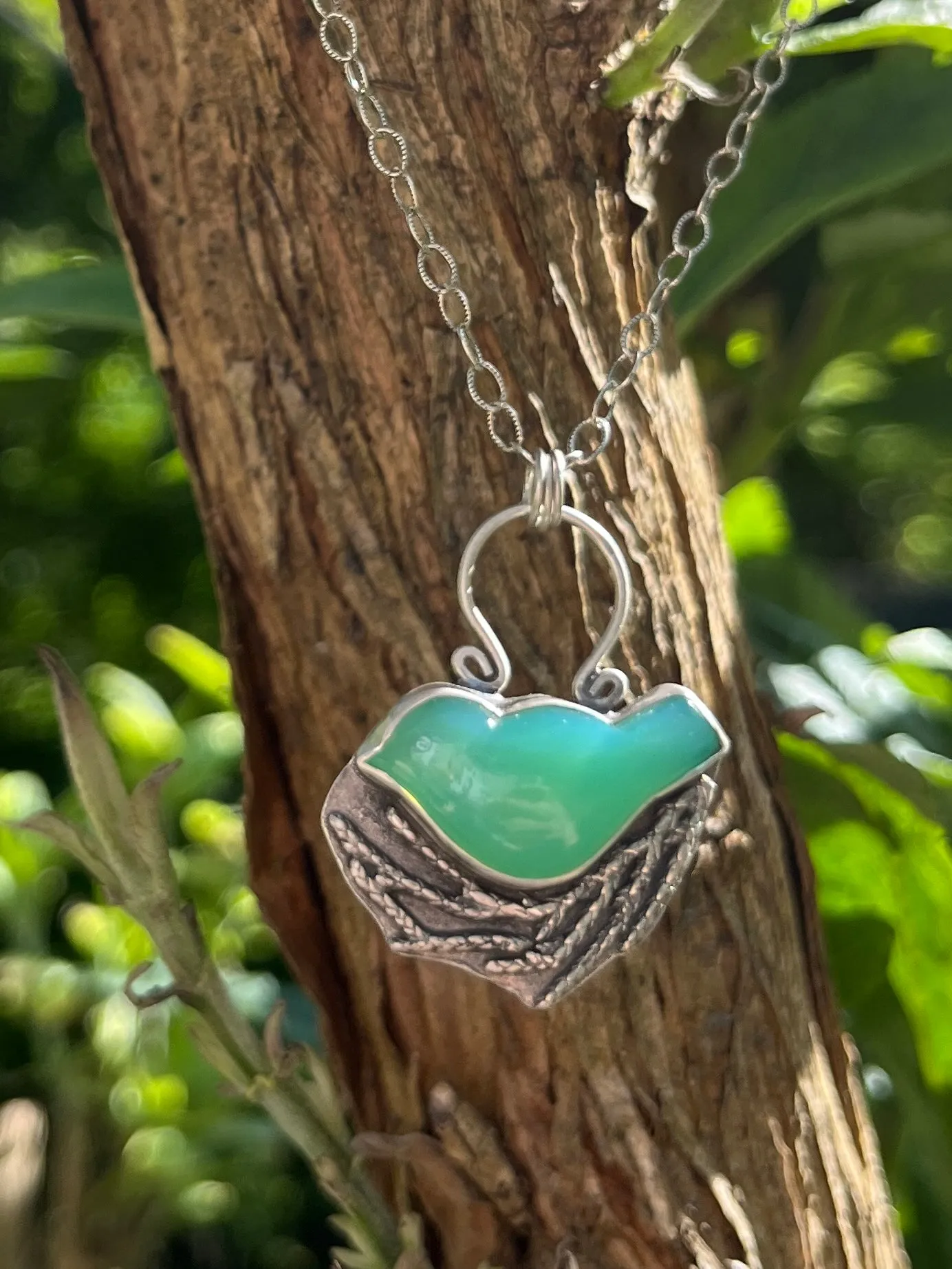 Chrysoprase Bird in Nest Necklace