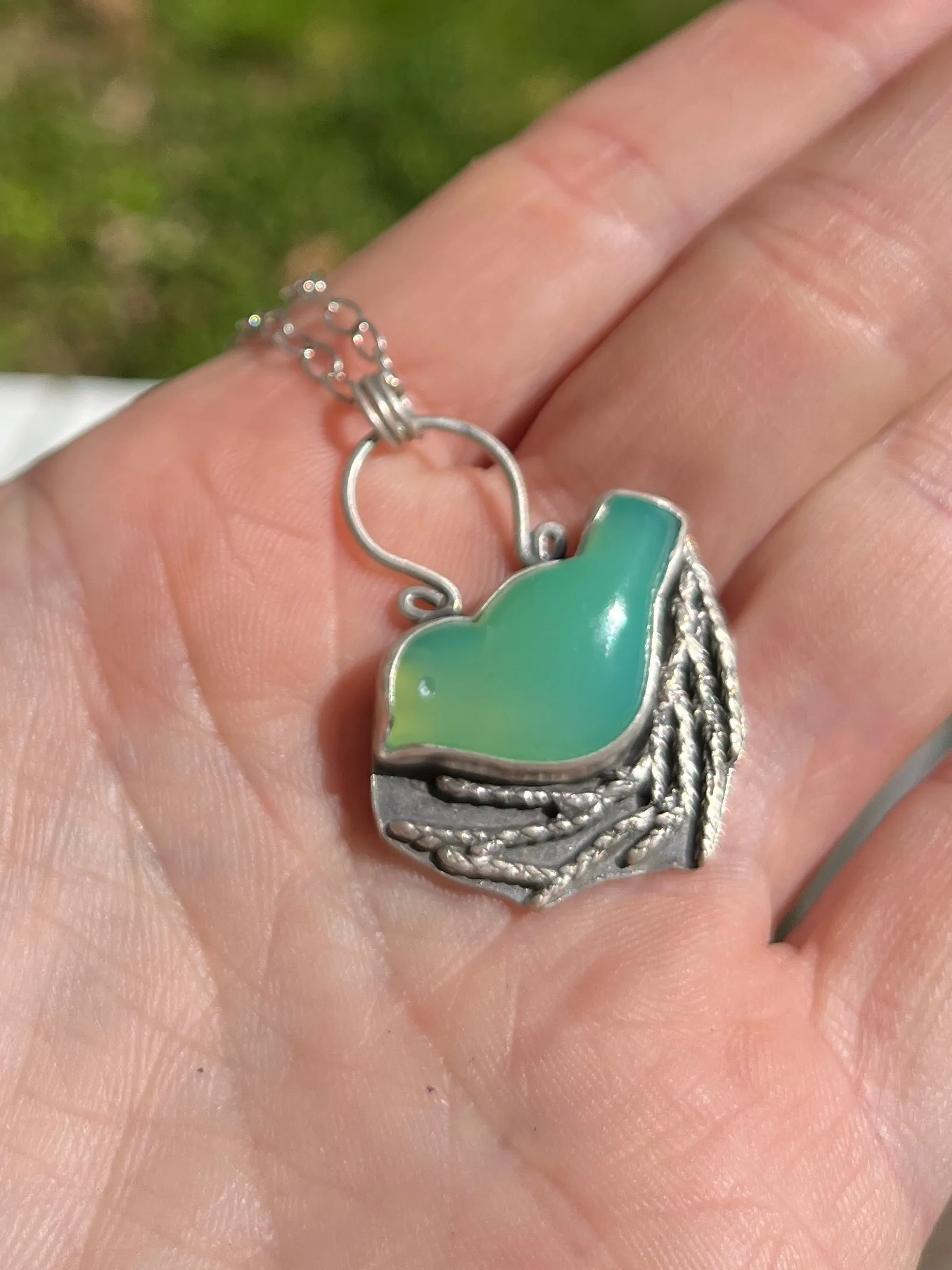 Chrysoprase Bird in Nest Necklace