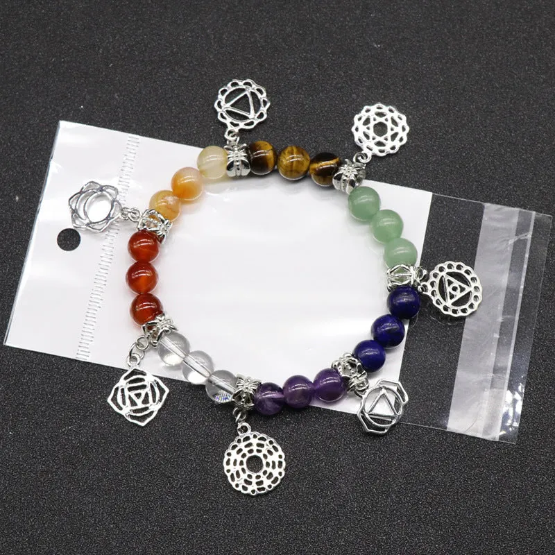 Colorful Agate Crystal Seven Chakra Yoga Symbol Jewelry Bracelet