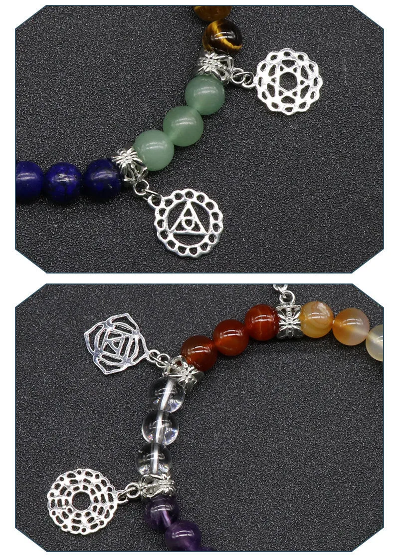 Colorful Agate Crystal Seven Chakra Yoga Symbol Jewelry Bracelet