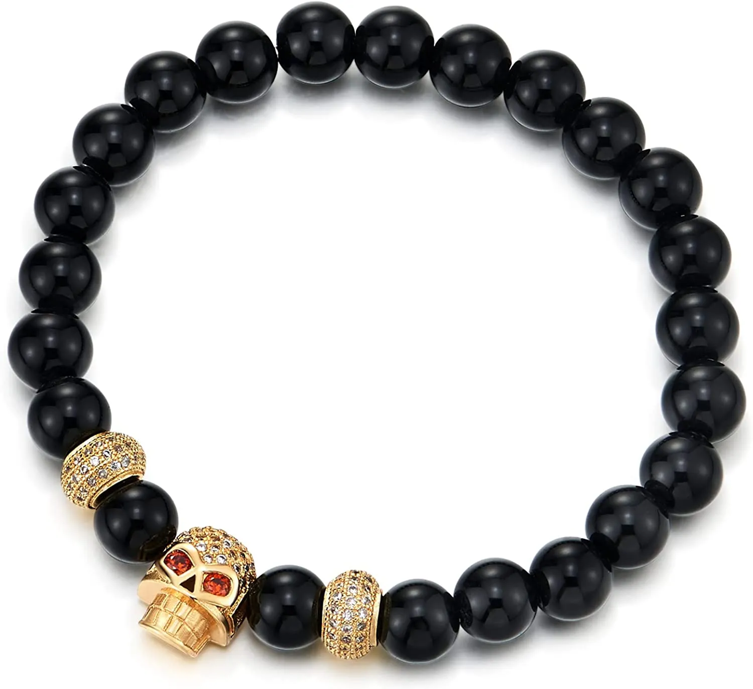 COOLSTEELANDBEYOND Mens Women Black Onyx Beads Bracelet, Cubic Zirconia Pave Gold Color Red Eye Skull and Bead Charm