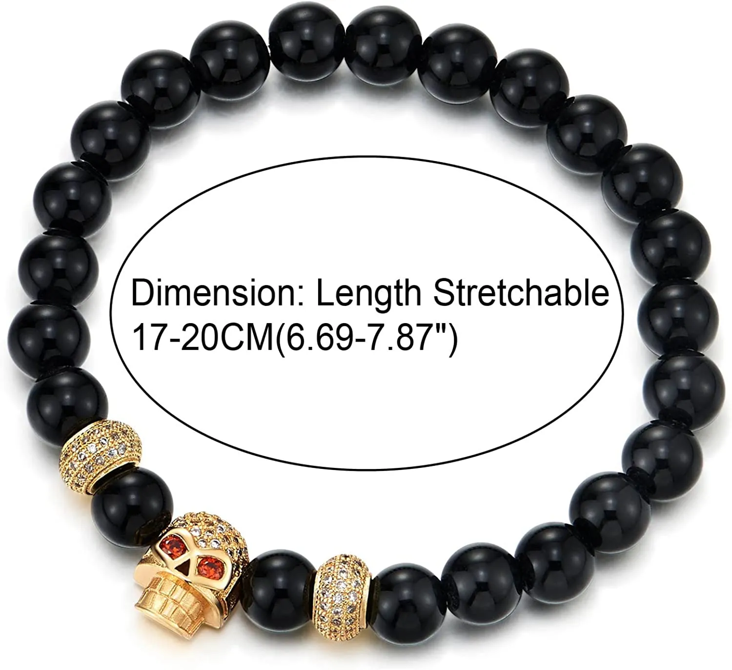 COOLSTEELANDBEYOND Mens Women Black Onyx Beads Bracelet, Cubic Zirconia Pave Gold Color Red Eye Skull and Bead Charm