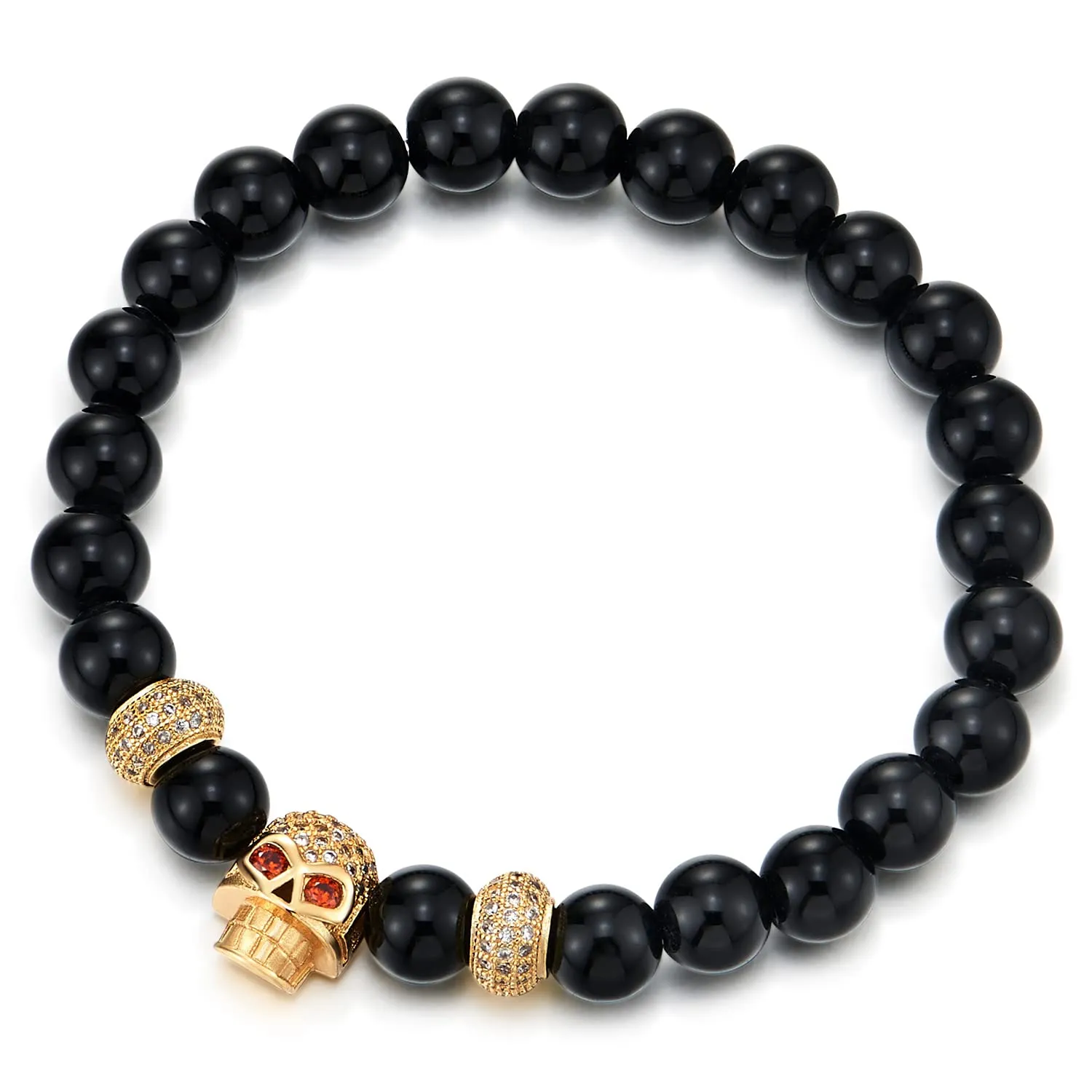 COOLSTEELANDBEYOND Mens Women Black Onyx Beads Bracelet, Cubic Zirconia Pave Gold Color Red Eye Skull and Bead Charm