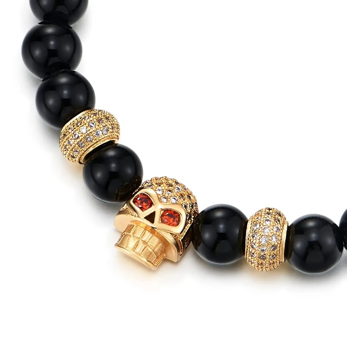 COOLSTEELANDBEYOND Mens Women Black Onyx Beads Bracelet, Cubic Zirconia Pave Gold Color Red Eye Skull and Bead Charm