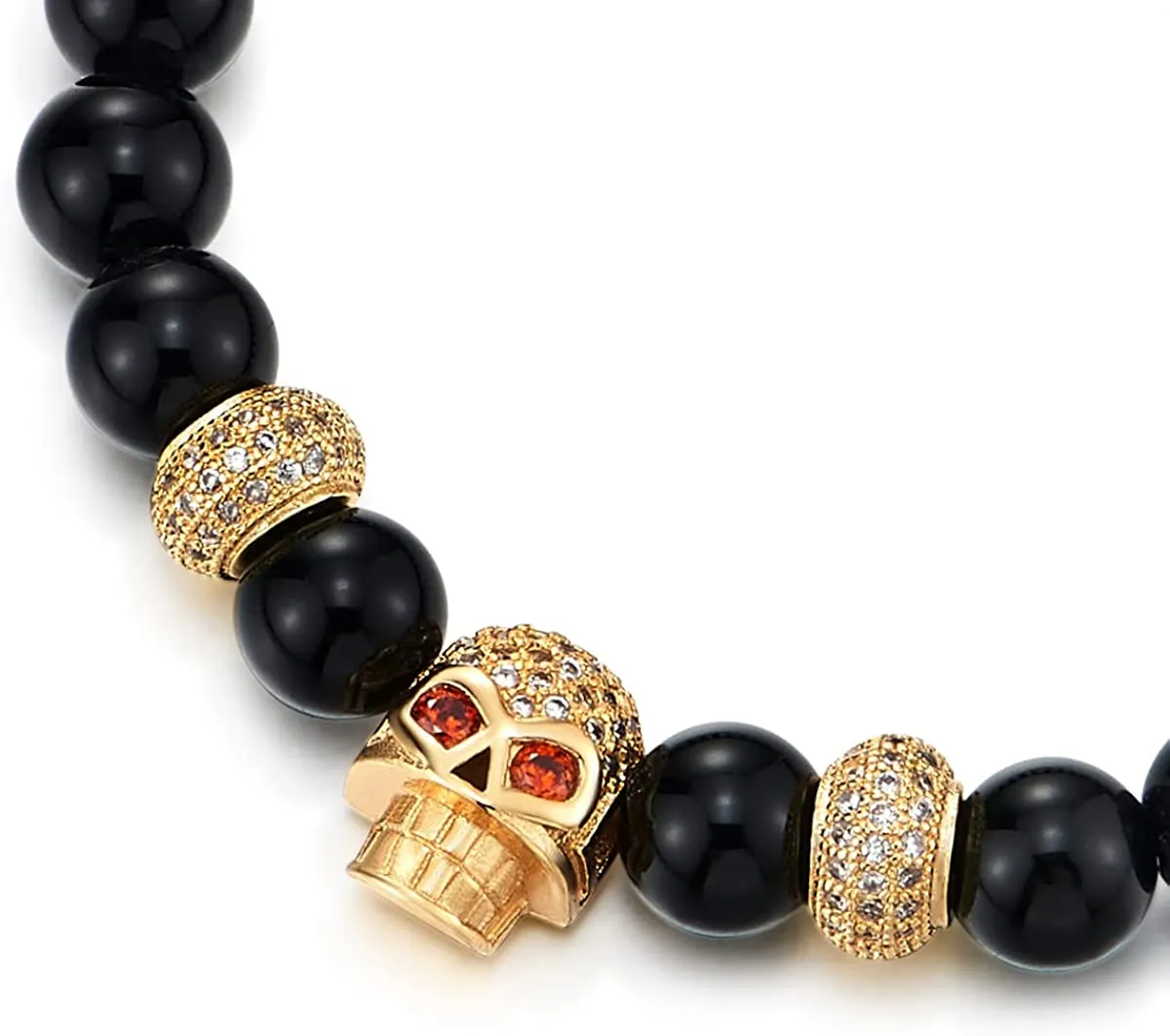 COOLSTEELANDBEYOND Mens Women Black Onyx Beads Bracelet, Cubic Zirconia Pave Gold Color Red Eye Skull and Bead Charm