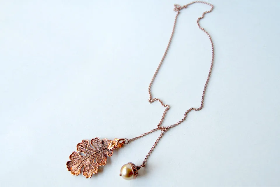 Copper Acorn and Oak Leaf Lariat | Autumn Jewelry | Electroformed Necklace | Fall Leaf Necklace