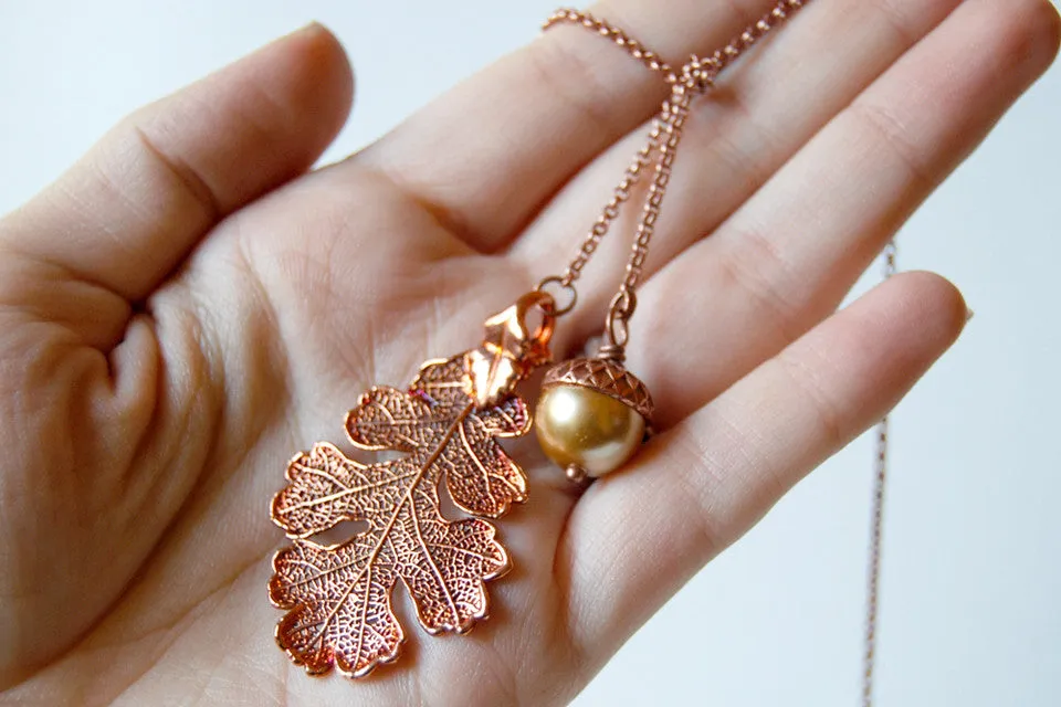 Copper Acorn and Oak Leaf Lariat | Autumn Jewelry | Electroformed Necklace | Fall Leaf Necklace