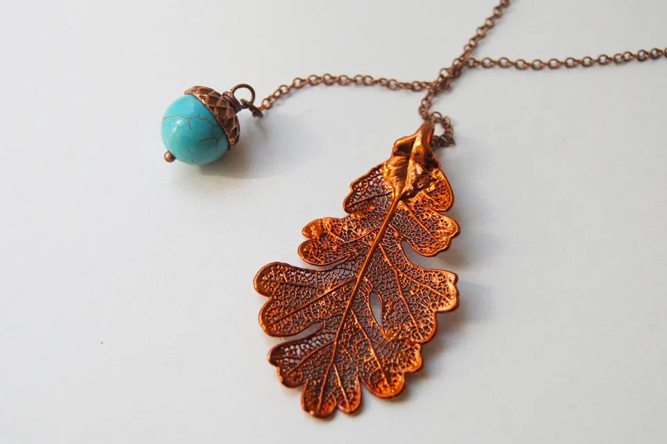 Copper Acorn and Oak Leaf Lariat | Autumn Jewelry | Electroformed Necklace | Fall Leaf Necklace