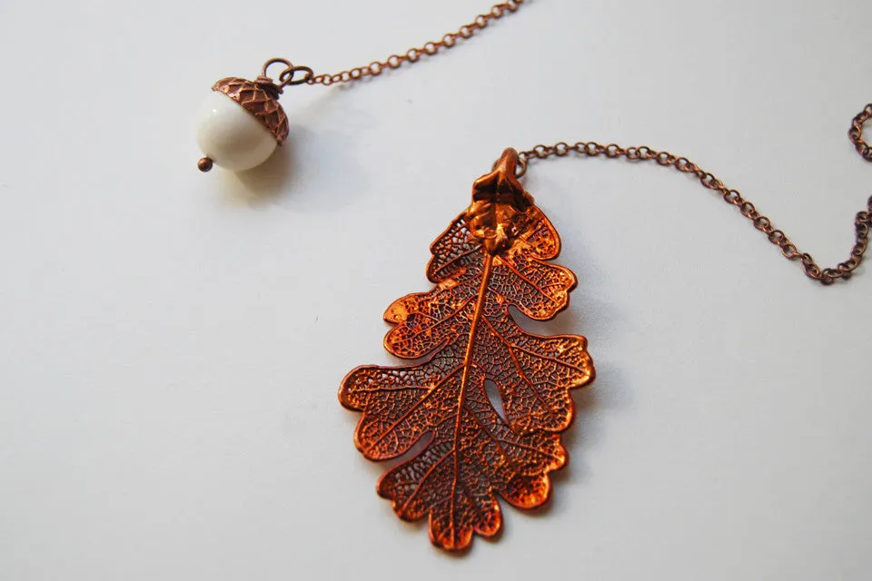 Copper Acorn and Oak Leaf Lariat | Autumn Jewelry | Electroformed Necklace | Fall Leaf Necklace