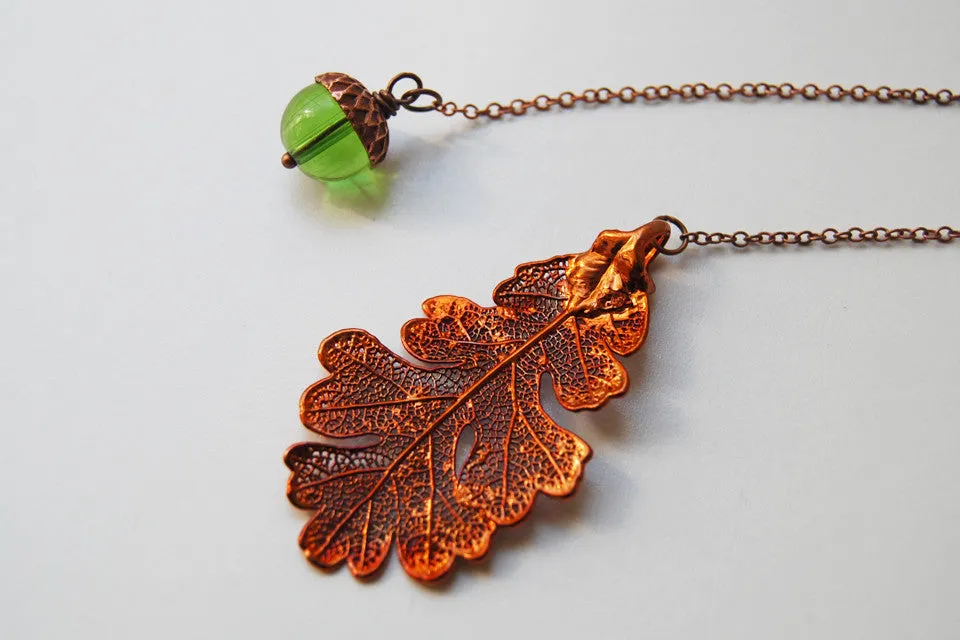 Copper Acorn and Oak Leaf Lariat | Autumn Jewelry | Electroformed Necklace | Fall Leaf Necklace