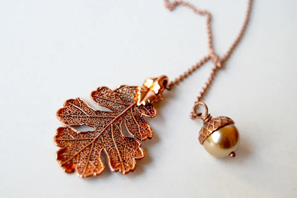 Copper Acorn and Oak Leaf Lariat | Autumn Jewelry | Electroformed Necklace | Fall Leaf Necklace