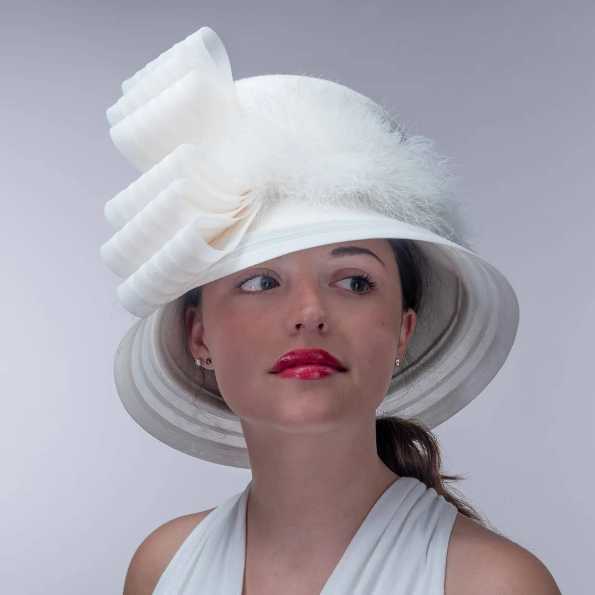 Crinoline Feather Bow Trim Tall Hat: Ivory