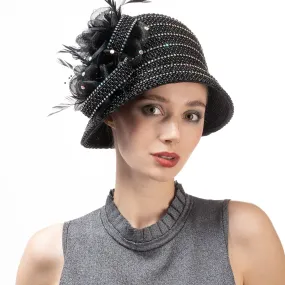 Crinoline Flower And Pearl Decorated Cloche Hat: Black