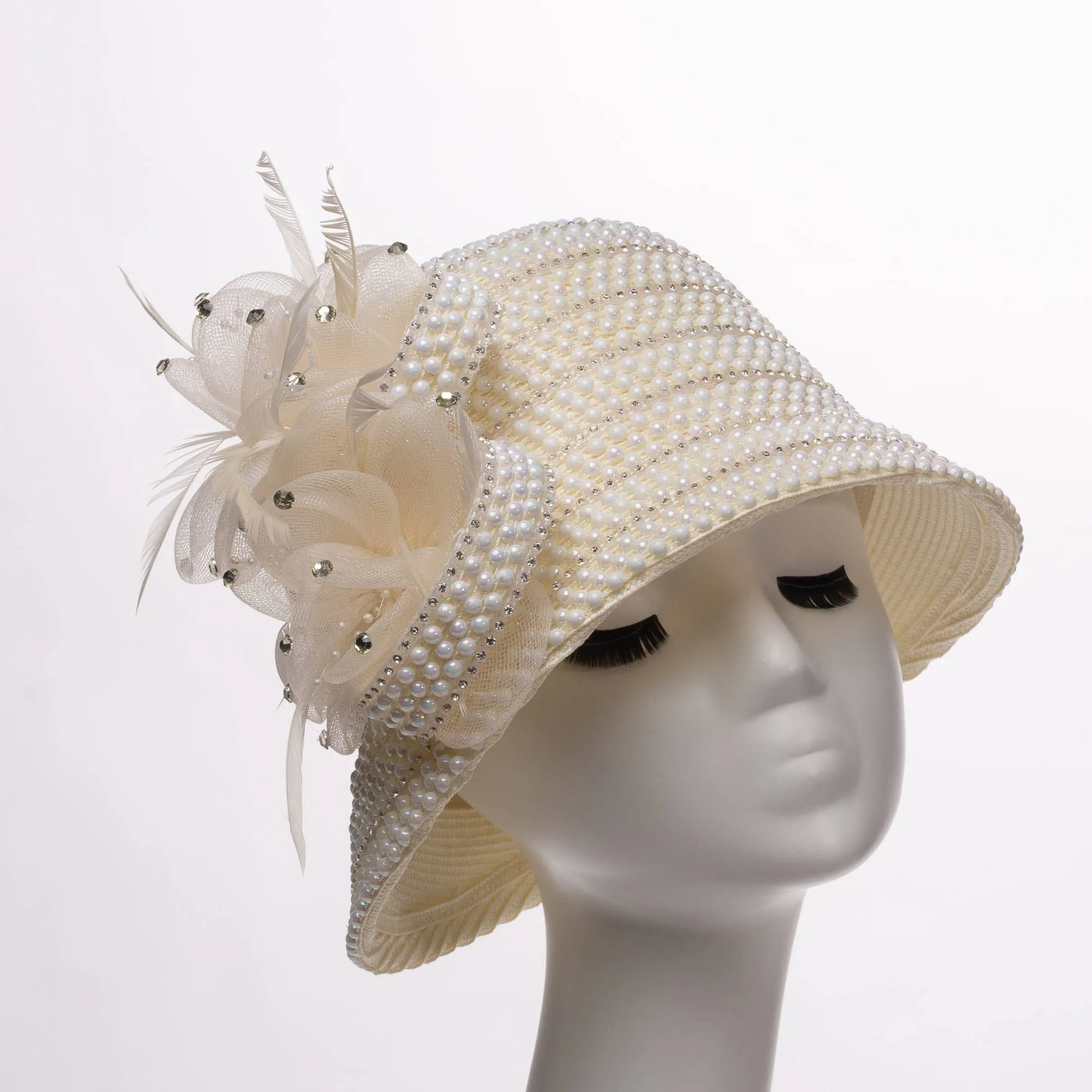 Crinoline Flower And Pearl Decorated Cloche Hat: Black