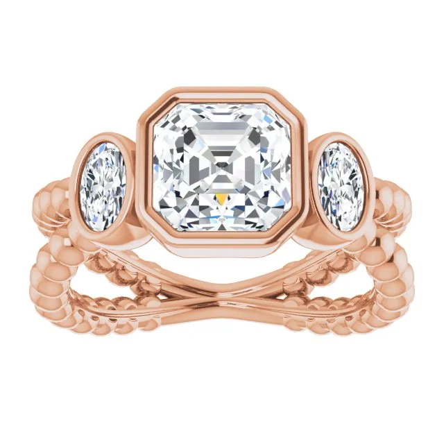 Cubic Zirconia Engagement Ring- The a'Malisa (Customizable 3-stone Asscher Cut Design with 2 Oval Cut Side Stones and Wide, Bubble-Bead Split-Band)