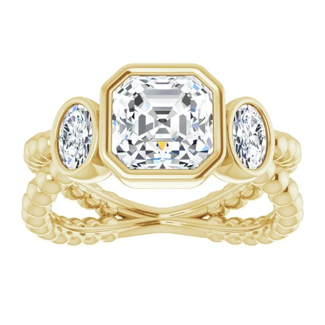 Cubic Zirconia Engagement Ring- The a'Malisa (Customizable 3-stone Asscher Cut Design with 2 Oval Cut Side Stones and Wide, Bubble-Bead Split-Band)