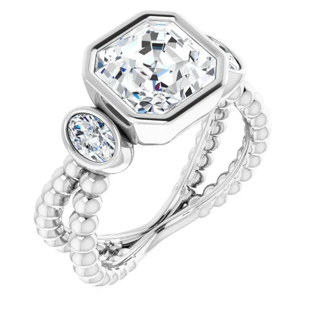 Cubic Zirconia Engagement Ring- The a'Malisa (Customizable 3-stone Asscher Cut Design with 2 Oval Cut Side Stones and Wide, Bubble-Bead Split-Band)