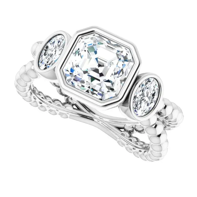 Cubic Zirconia Engagement Ring- The a'Malisa (Customizable 3-stone Asscher Cut Design with 2 Oval Cut Side Stones and Wide, Bubble-Bead Split-Band)