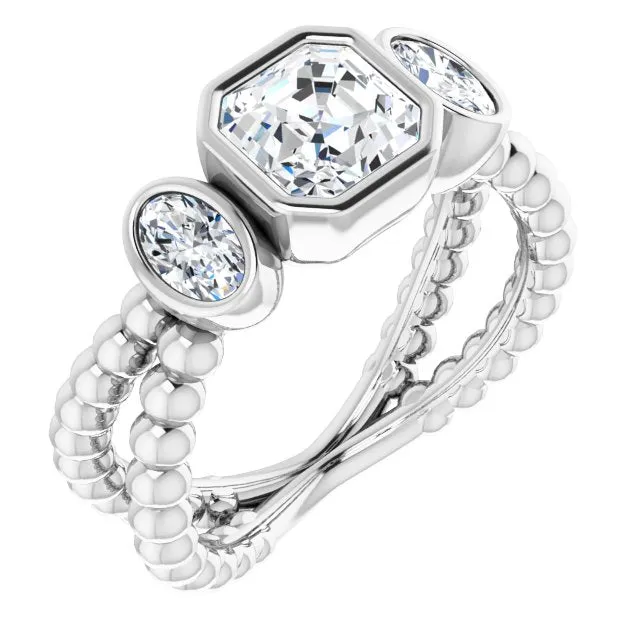 Cubic Zirconia Engagement Ring- The a'Malisa (Customizable 3-stone Asscher Cut Design with 2 Oval Cut Side Stones and Wide, Bubble-Bead Split-Band)