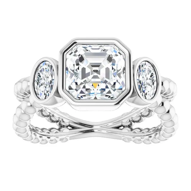 Cubic Zirconia Engagement Ring- The a'Malisa (Customizable 3-stone Asscher Cut Design with 2 Oval Cut Side Stones and Wide, Bubble-Bead Split-Band)