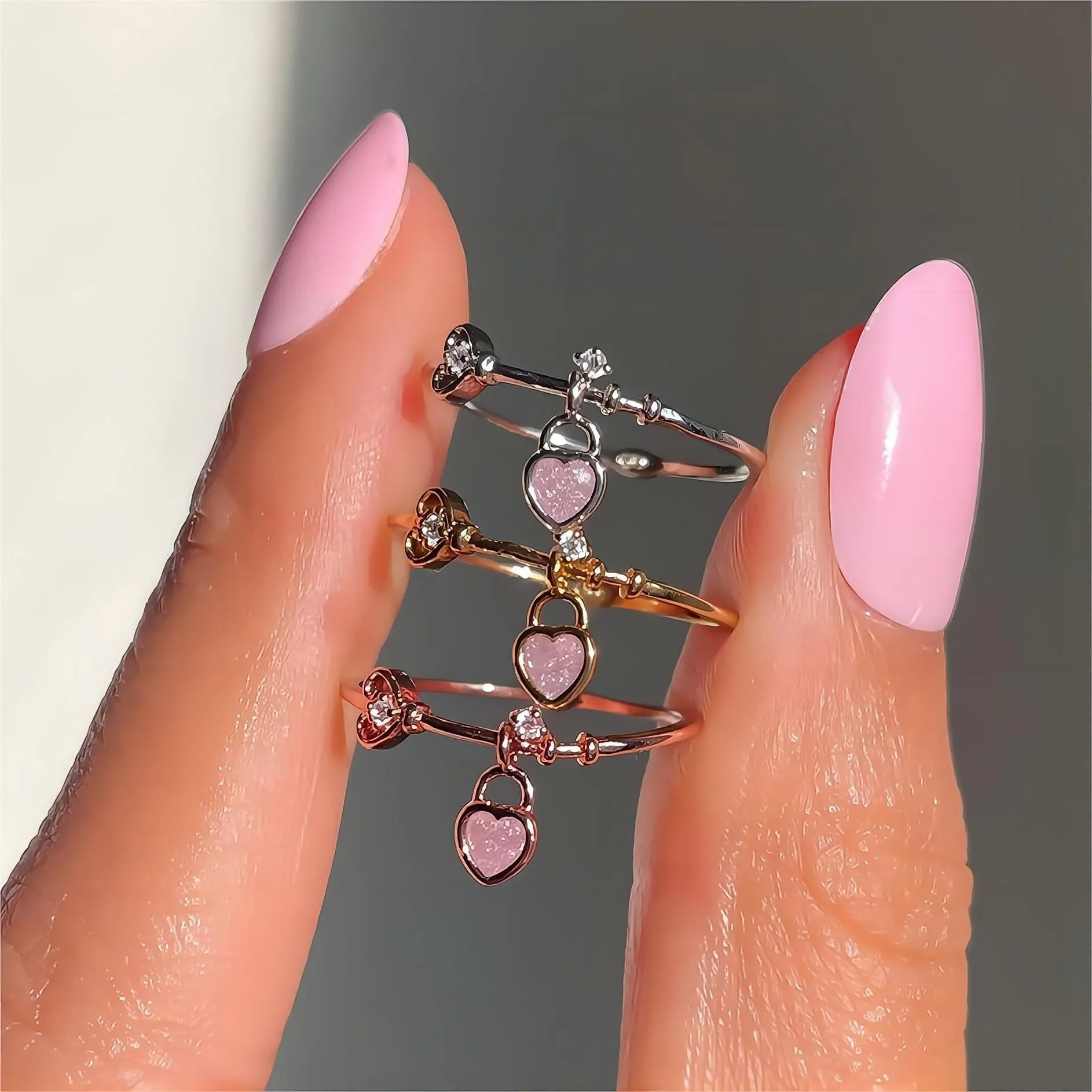 Cute Dangle Crystal Heart Lock Ring