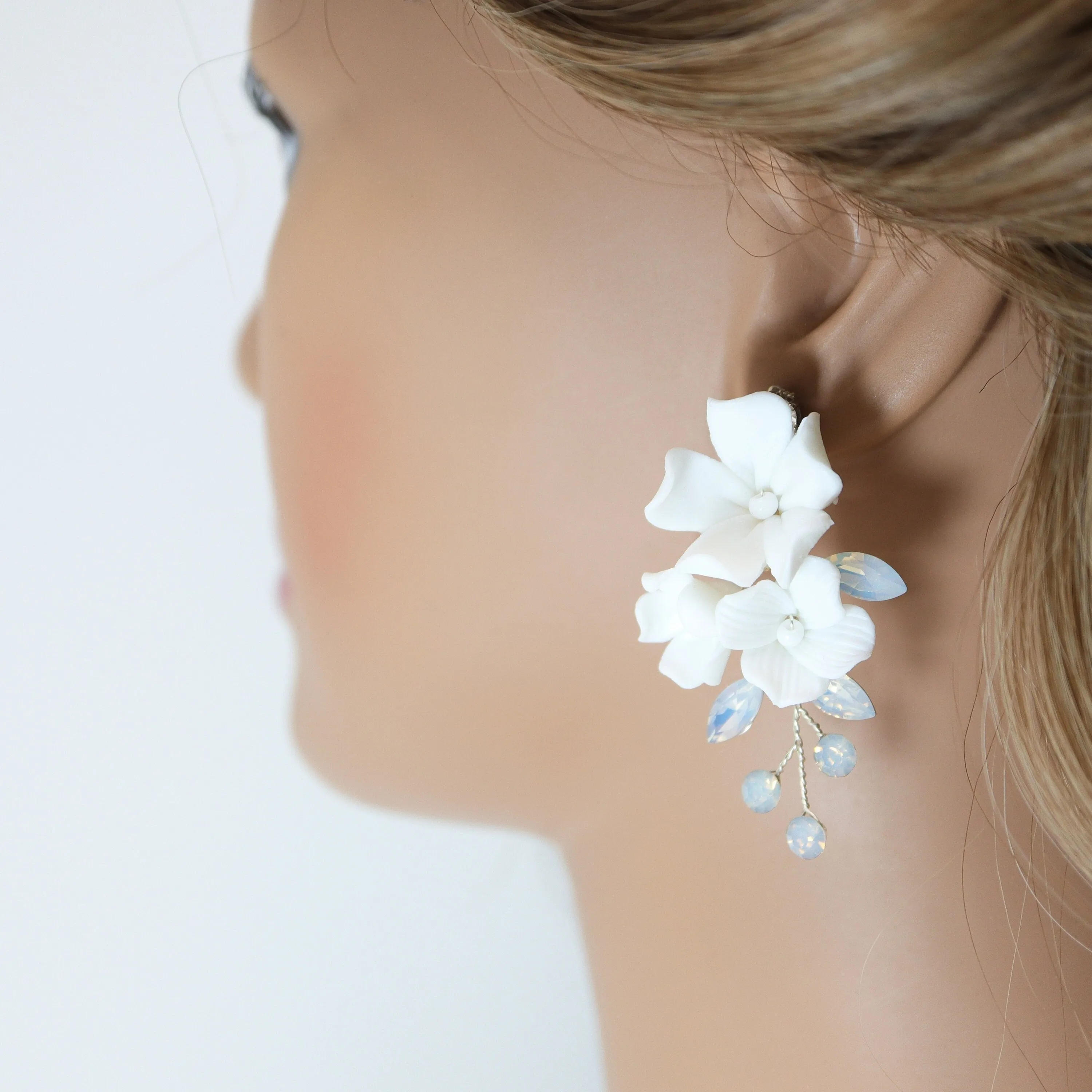 CZ Opal Ceramic White Flower Sparkling Crystal Long Bridal Jewelry Opal Bridal Earrings Opal Statement Earrings