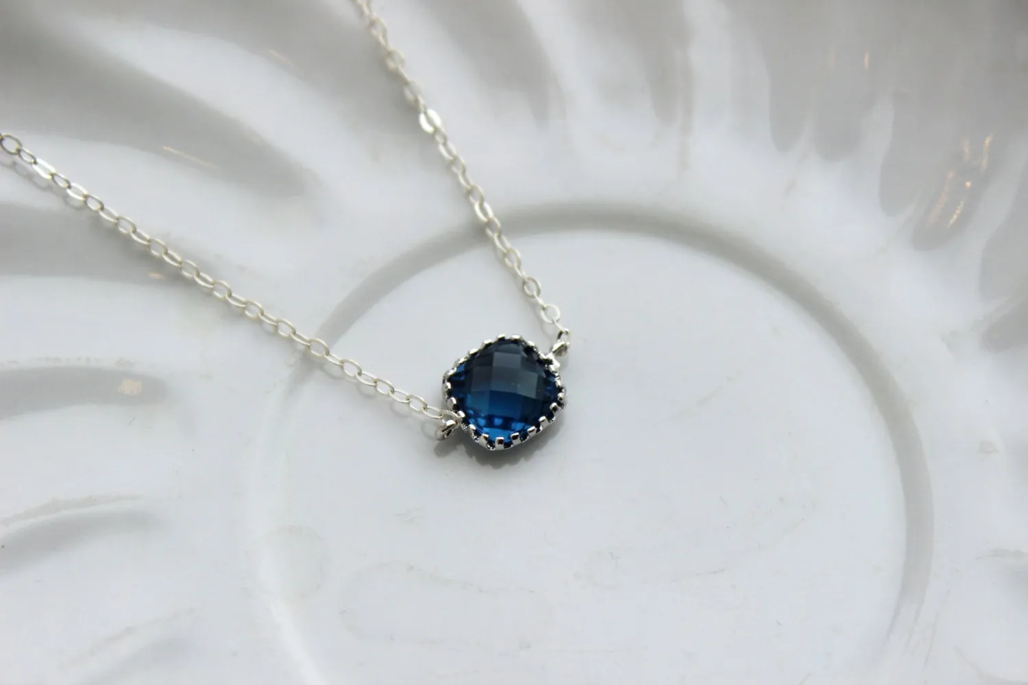 Dainty Sapphire Blue Necklace - Sterling Silver Chain - Charm Necklace Navy Blue Bridesmaid Necklace - Blue Wedding Jewelry - Something Blue