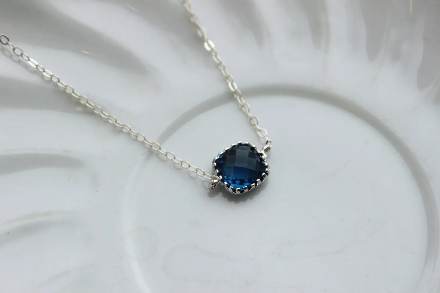 Dainty Sapphire Blue Necklace - Sterling Silver Chain - Charm Necklace Navy Blue Bridesmaid Necklace - Blue Wedding Jewelry - Something Blue