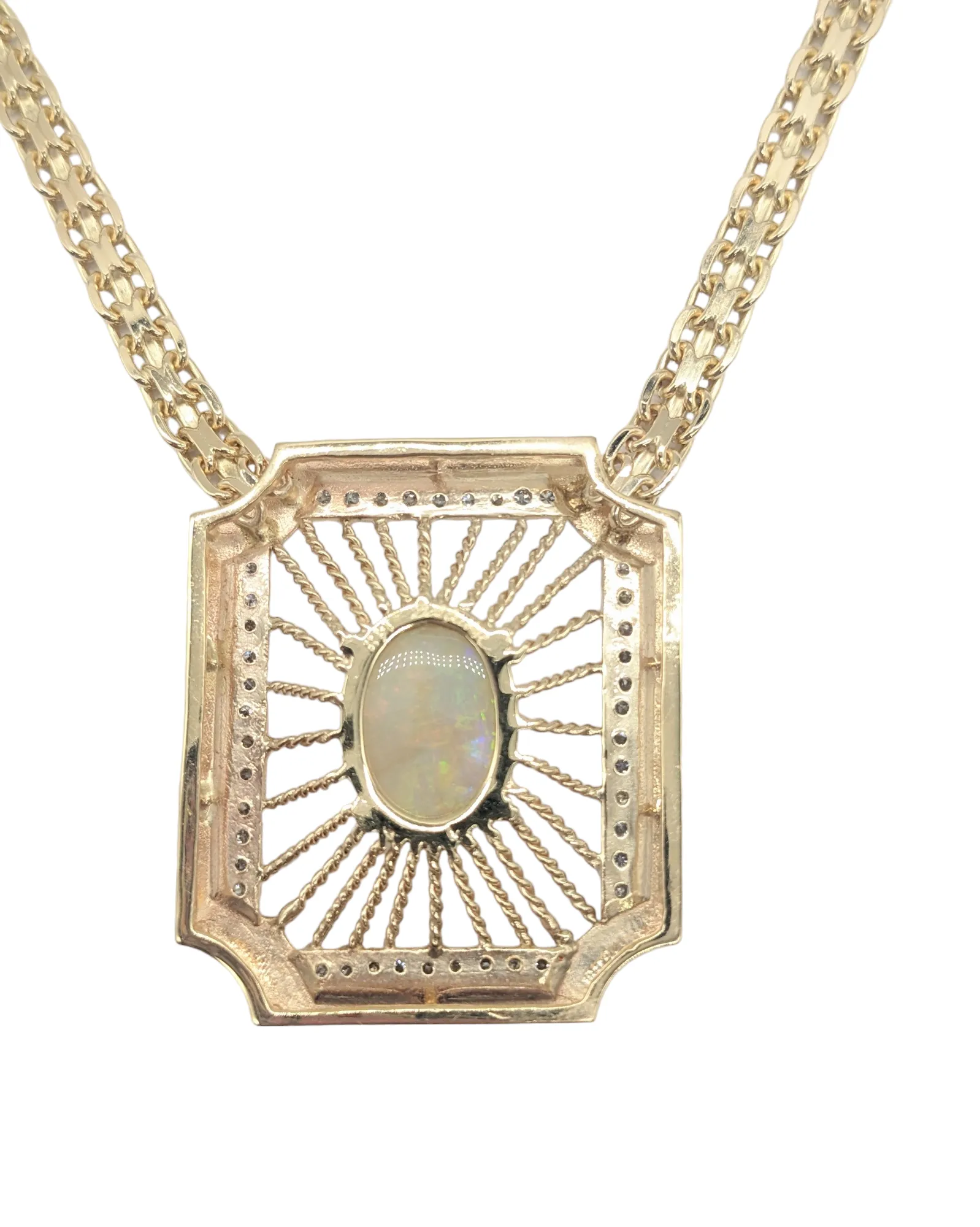 Diamond and Opal Stationary Pendant Bismarck Necklace