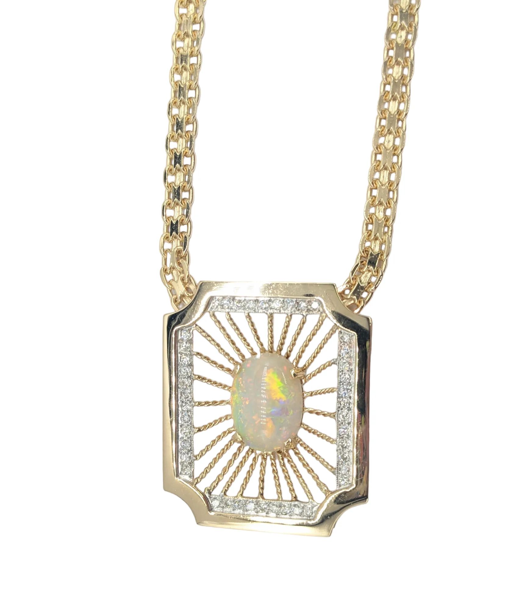 Diamond and Opal Stationary Pendant Bismarck Necklace