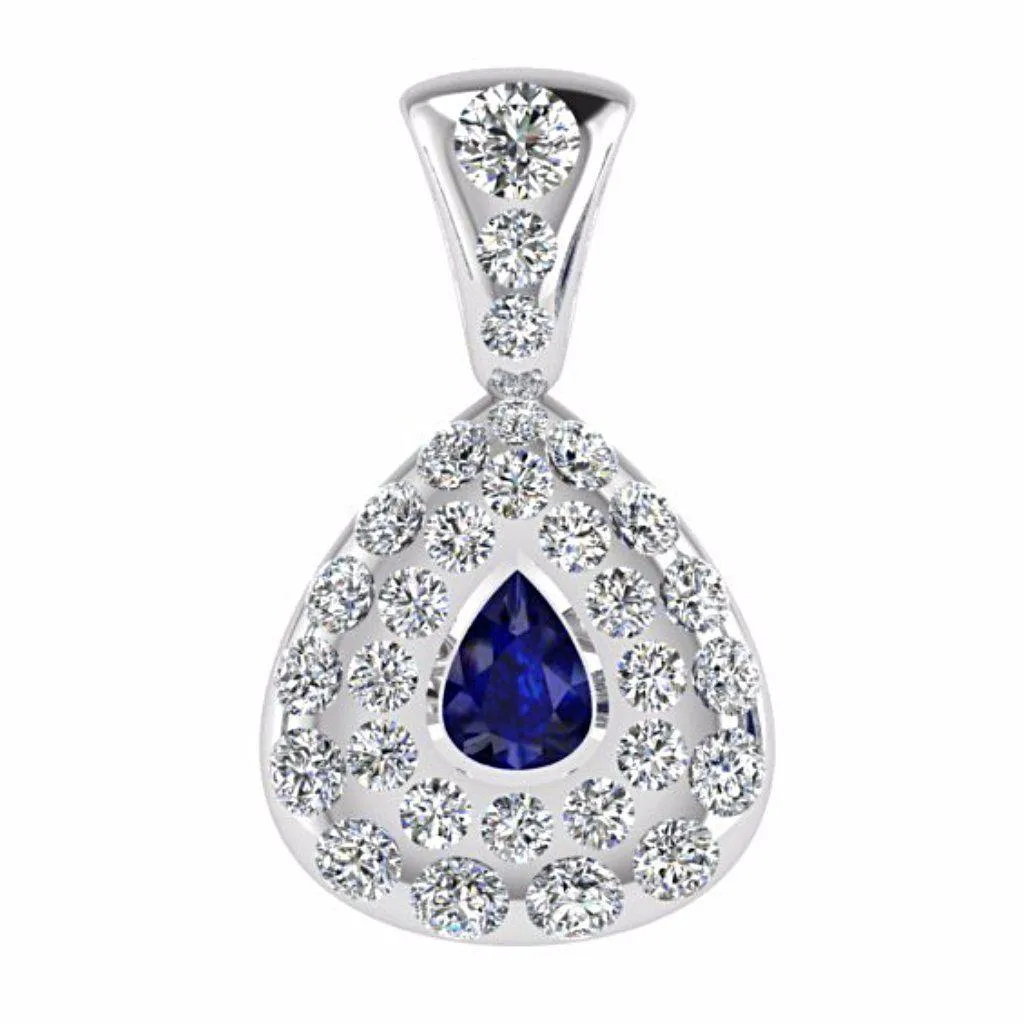 Diamond and Sapphire Pear Shaped Pendant 14K White Gold